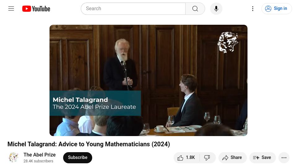 Screenshot of youtube.com: Advice to Young Mathematicians [video]
