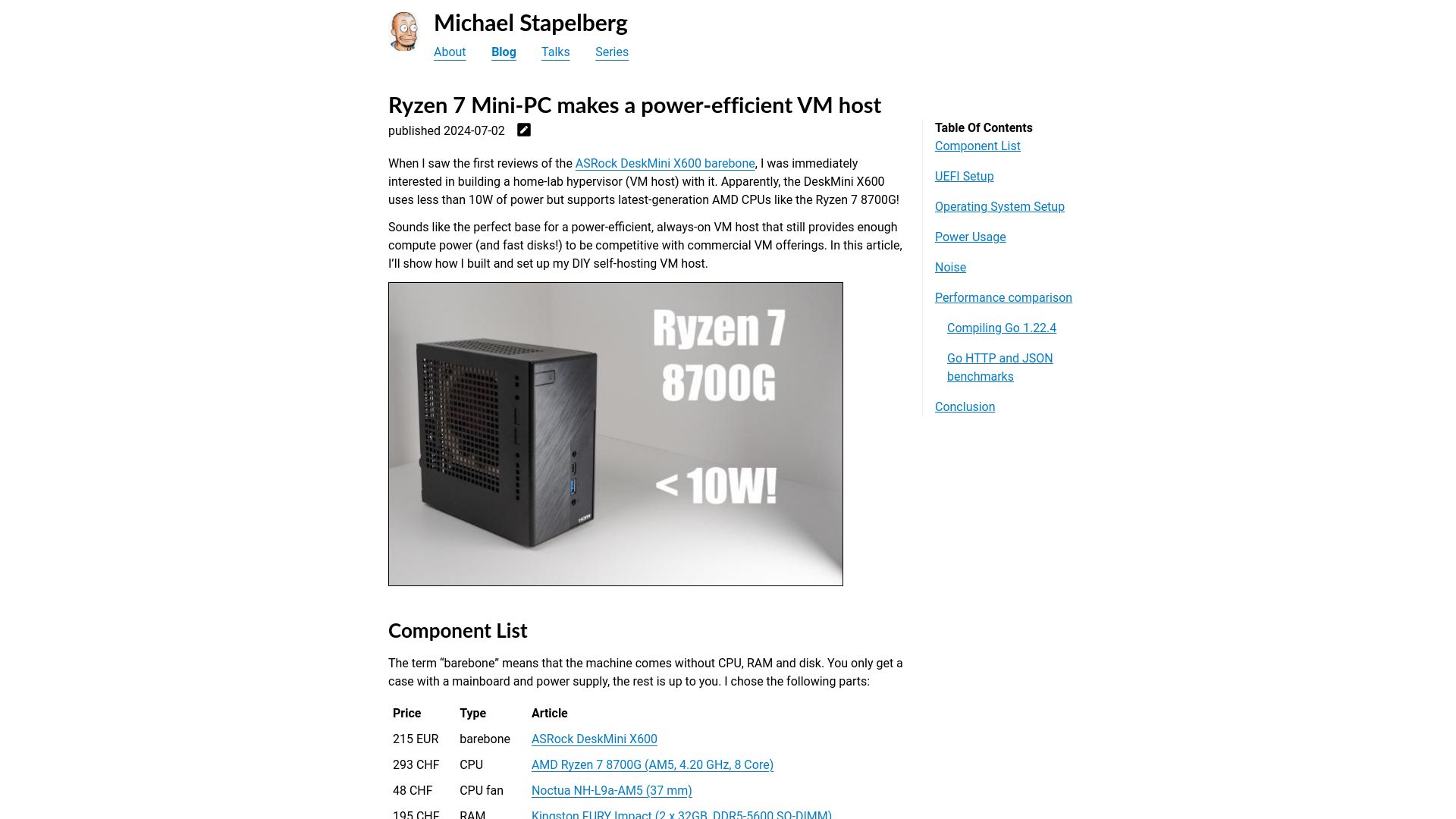 Screenshot of michael.stapelberg.ch: Ryzen 7 Mini-PC makes a power-efficient VM host