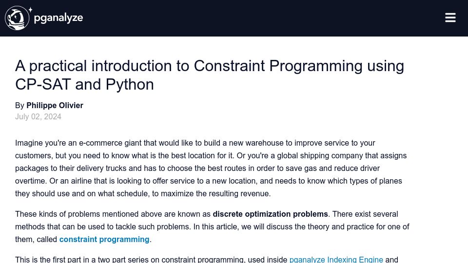Screenshot of pganalyze.com: A practical introduction to constraint programming using CP-SAT and Python
