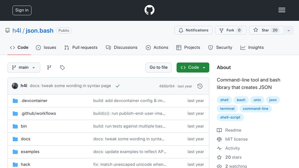 Screenshot of github.com: Show HN: Jb / json.bash – Command-line tool (and bash library) that creates JSON