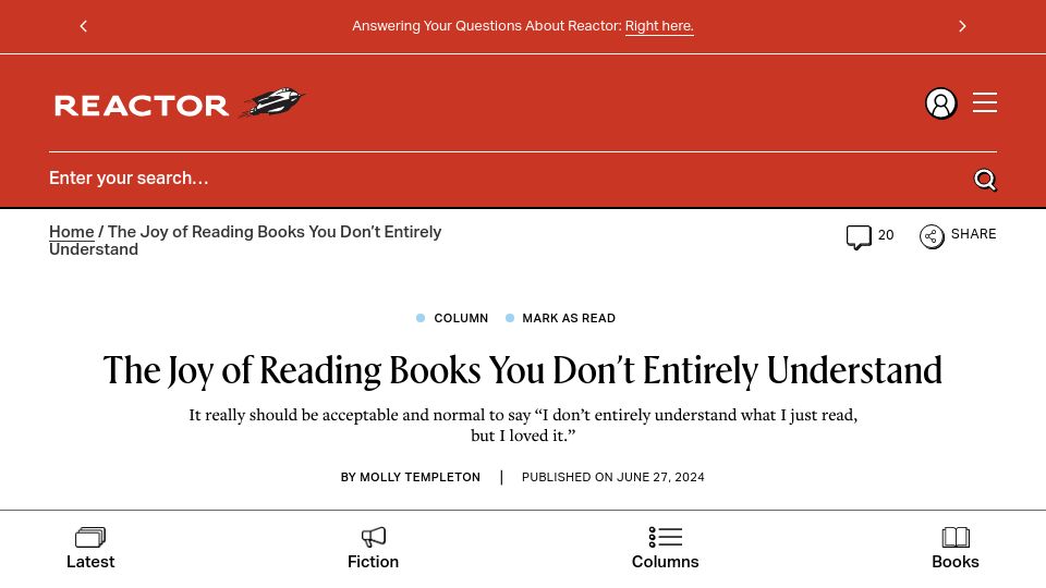 Screenshot of reactormag.com: The joy of reading books you don't understand