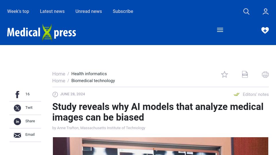 Screenshot of medicalxpress.com: Study reveals why AI models that analyze medical images can be biased