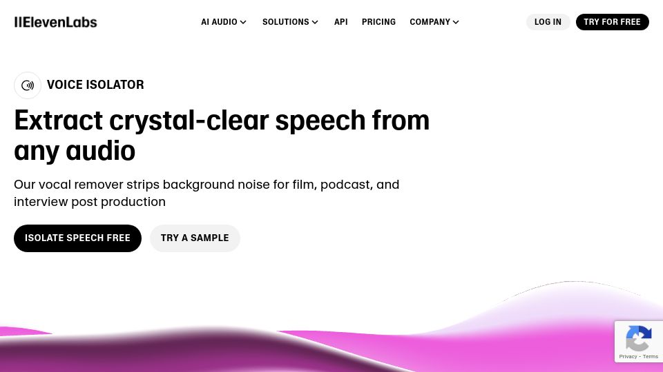 Screenshot of elevenlabs.io: Voice Isolator: Strip background noise for film, podcast, interview production