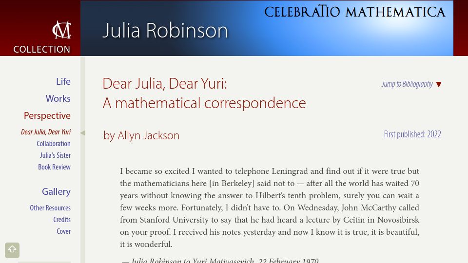 Screenshot of celebratio.org: Dear Julia, Dear Yuri: A mathematical correspondence (2022)
