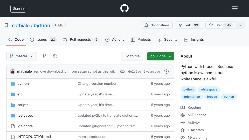 Screenshot of github.com: Python with Braces