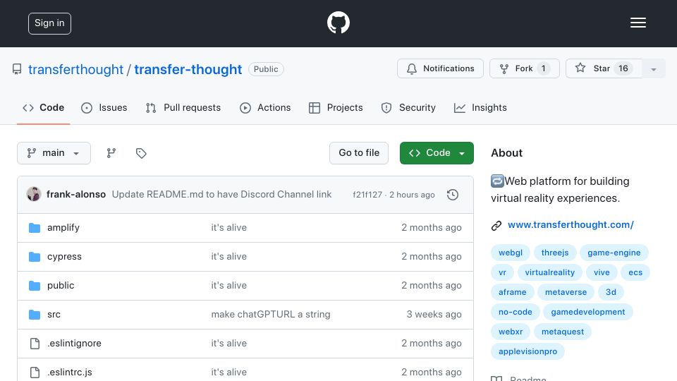 Screenshot of github.com: Show HN: Open Sourcing Our No-Code WebXR Editor After 5 Years of Development