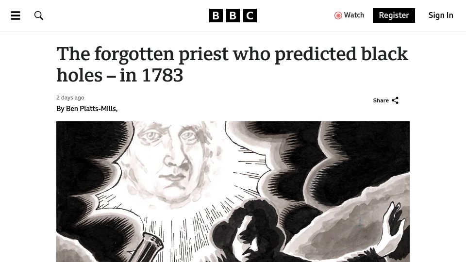 Screenshot of bbc.com: A British clergyman who predicted black holes in 1783