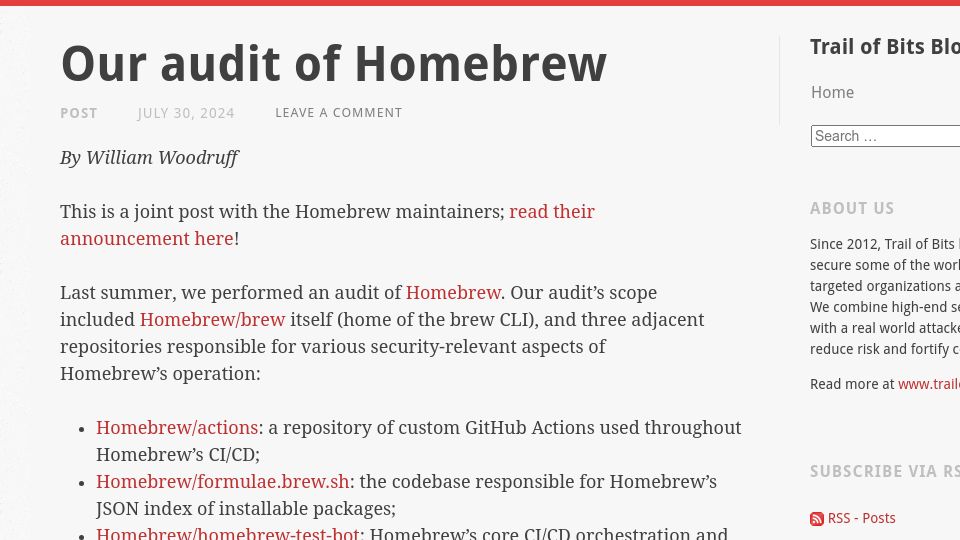 Screenshot of blog.trailofbits.com: Our audit of Homebrew