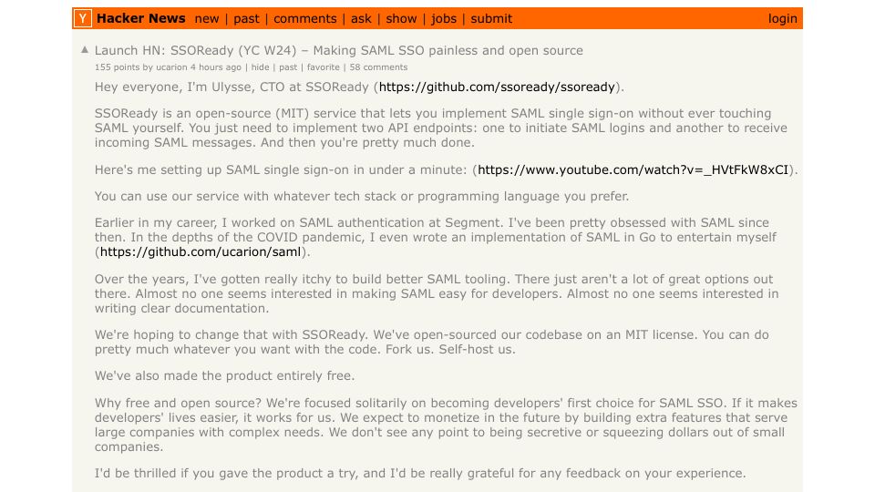 Screenshot of github.com: Launch HN: SSOReady (YC W24) – Making SAML SSO painless and open source