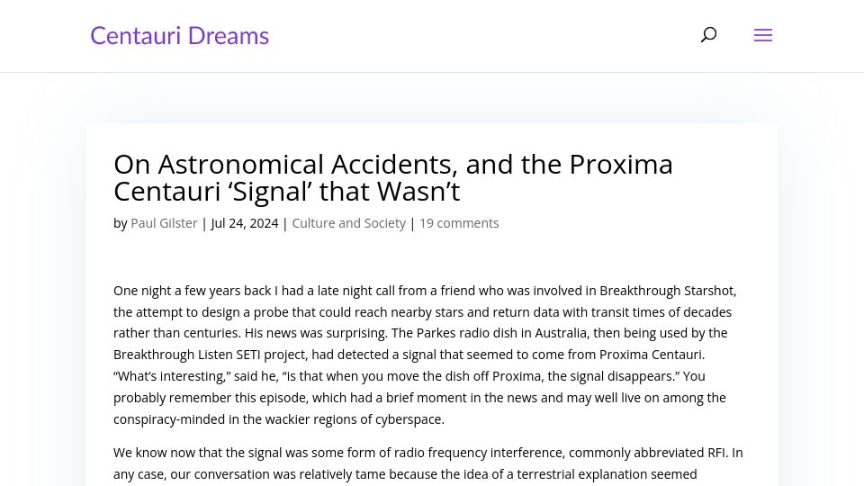 Screenshot of centauri-dreams.org: Astronomical Accidents, and the Proxima Centauri 'Signal' That Wasn't