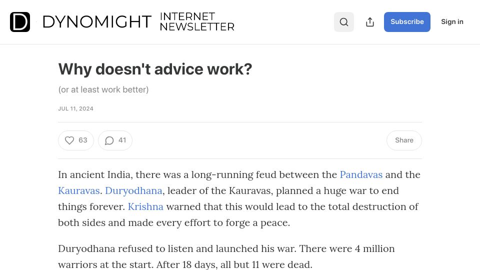 Screenshot of dynomight.substack.com: Why doesn't advice work?