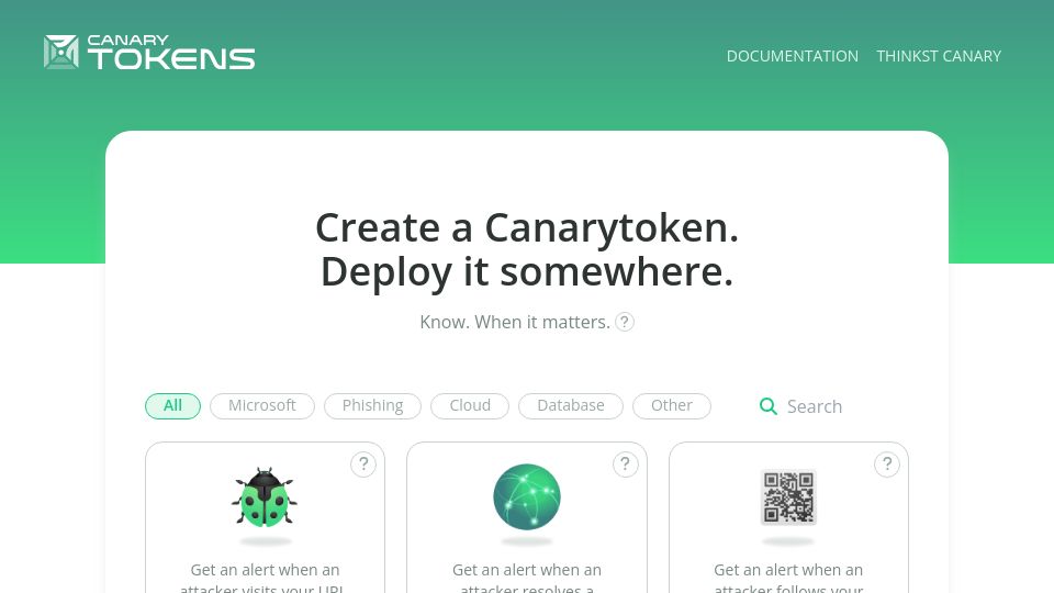 Screenshot of canarytokens.org: Canarytokens: Honeypot for critical credentials, get notified when they are used (2015)