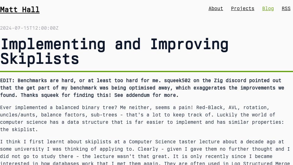 Screenshot of mattjhall.co.uk: Implementing and Improving Skiplists