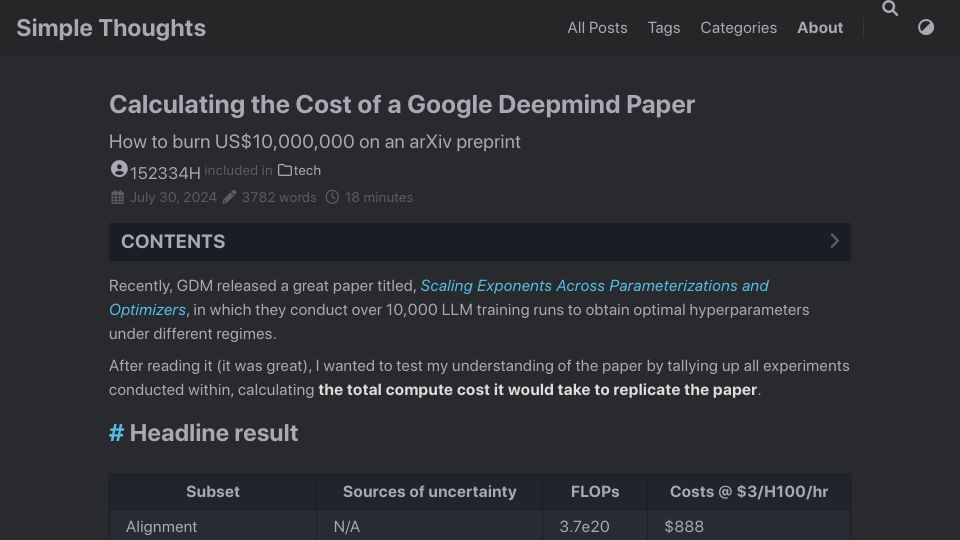 Screenshot of 152334h.github.io: Calculating the cost of a Google DeepMind paper