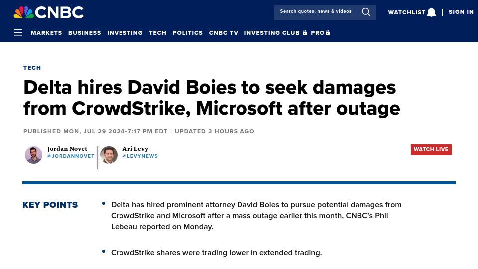 Screenshot of cnbc.com: Delta to Seek Damages from CrowdStrike