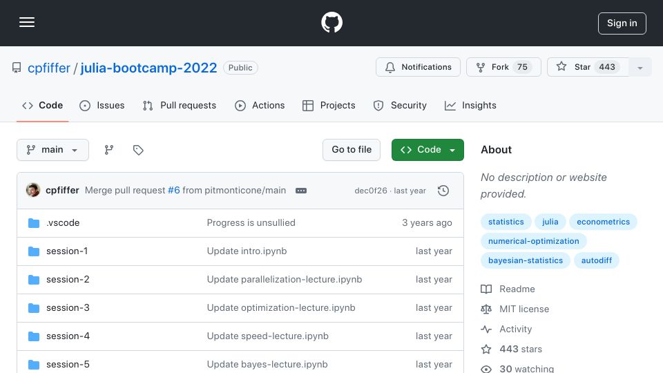 Screenshot of github.com: Julia for Economists (2022)