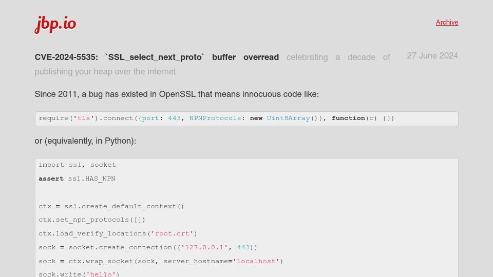 Screenshot of jbp.io: OpenSSL bug exposed up to 255 bytes of server heap and existed since 2011