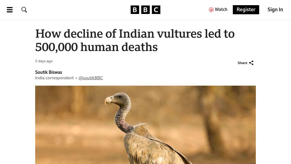 Screenshot of bbc.com: Decline of Indian vultures