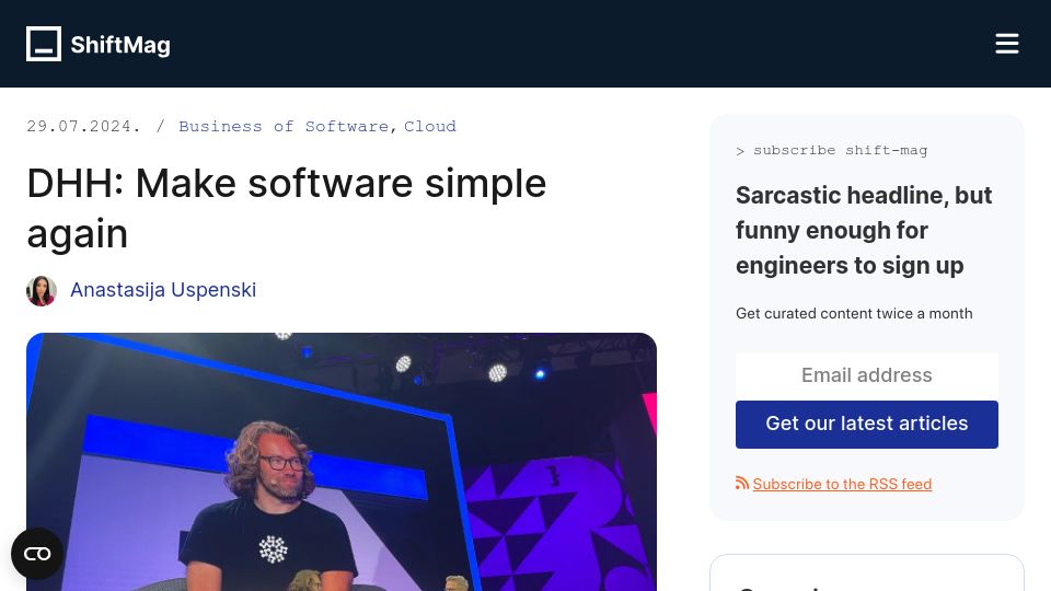 Screenshot of shiftmag.dev: DHH: Make Software Simple Again