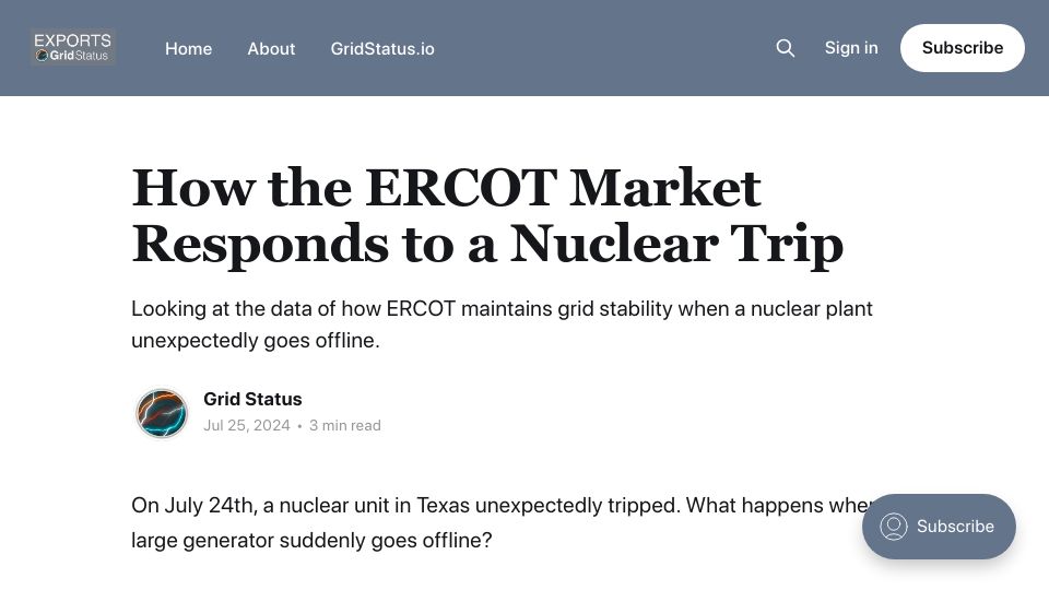 Screenshot of blog.gridstatus.io: How the electricity markets respond to a nuclear trip
