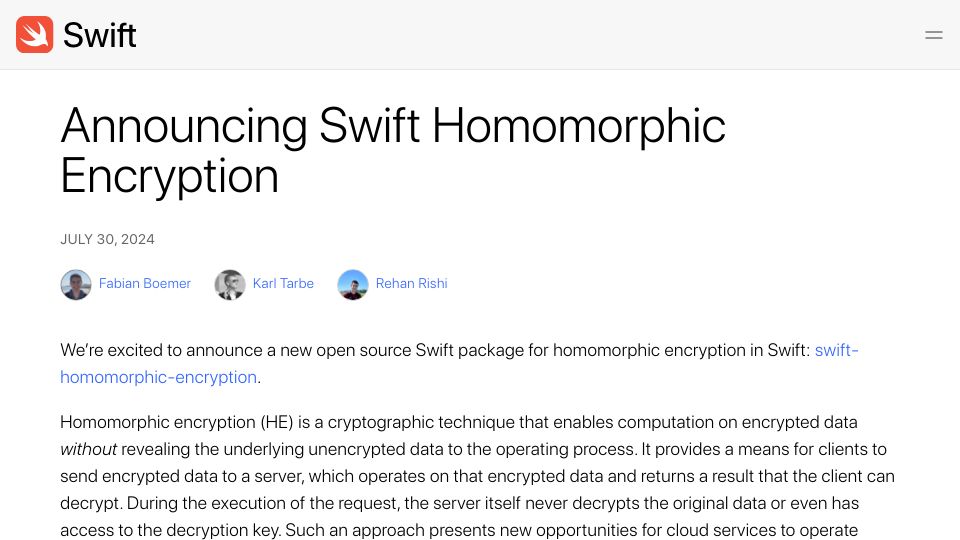 Screenshot of swift.org: Swift Homomorphic Encryption