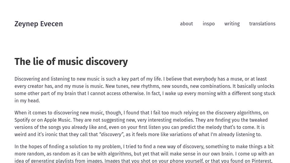 Screenshot of zeynepevecen.dev: The lie of music discovery algorithms