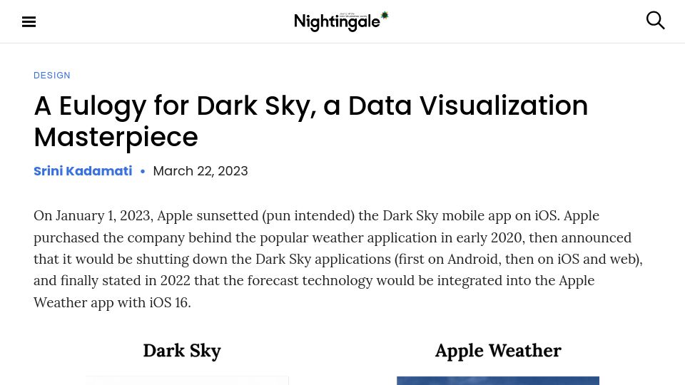 Screenshot of nightingaledvs.com: A eulogy for Dark Sky, a data visualization masterpiece (2023)