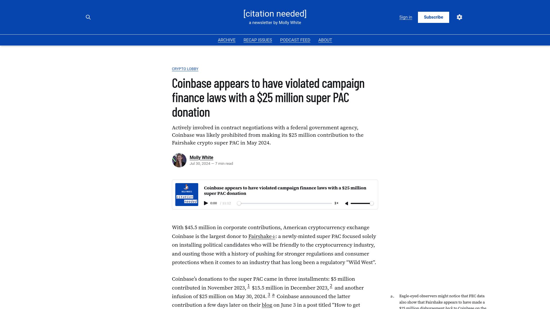 Screenshot of citationneeded.news: Coinbase appears to have violated campaign finance laws with 25M donation