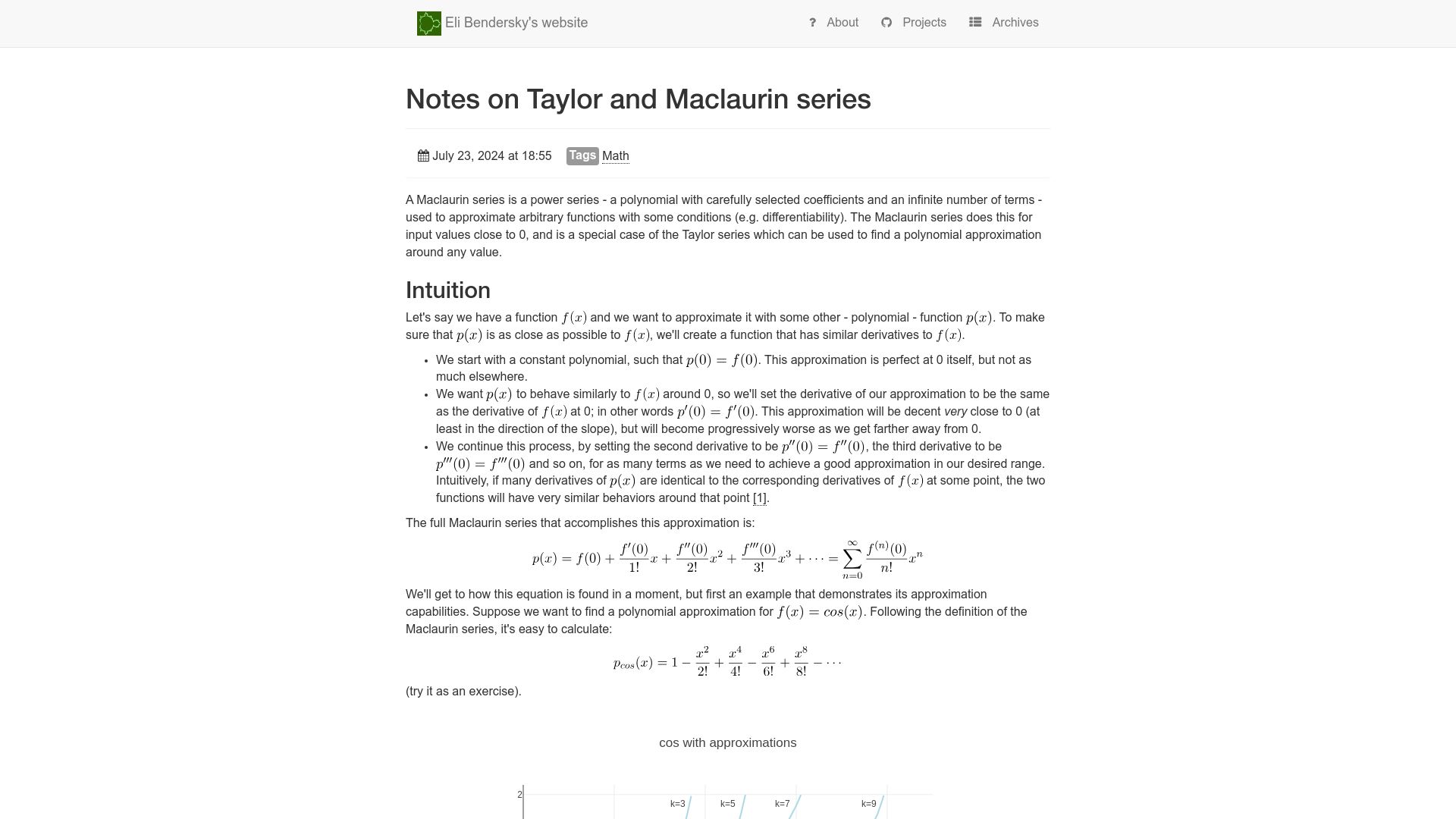 Screenshot of eli.thegreenplace.net: Notes on Taylor and Maclaurin Series