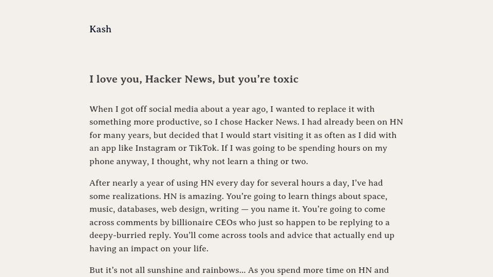 Screenshot of kg.dev: I love you, HN, but you're toxic (2022)