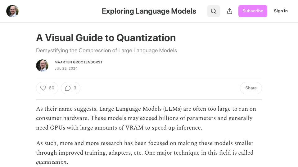 Screenshot of newsletter.maartengrootendorst.com: A Visual Guide to LLM Quantization