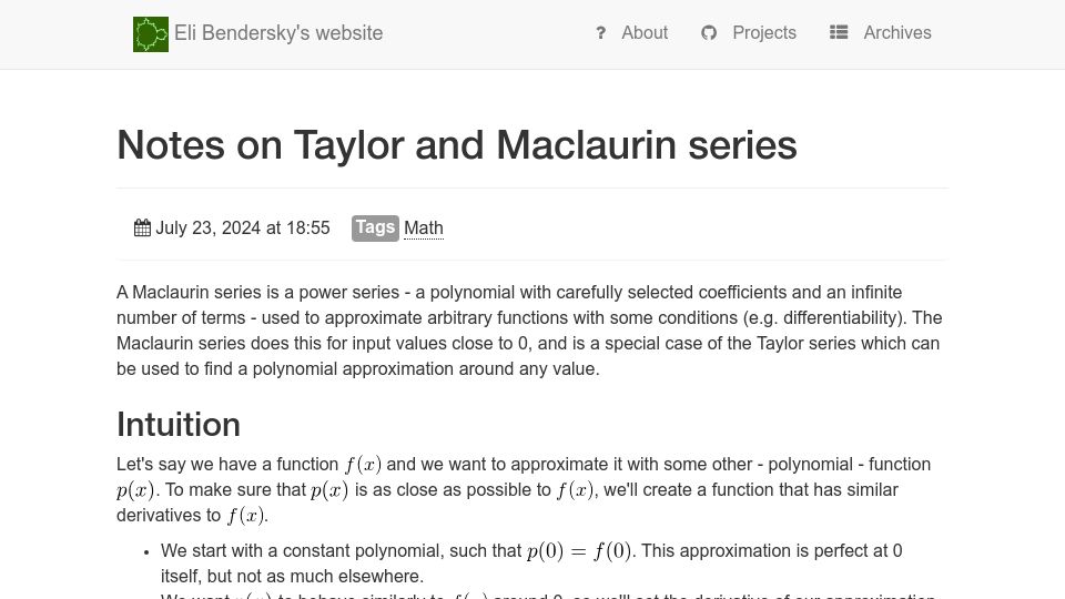 Screenshot of eli.thegreenplace.net: Notes on Taylor and Maclaurin Series