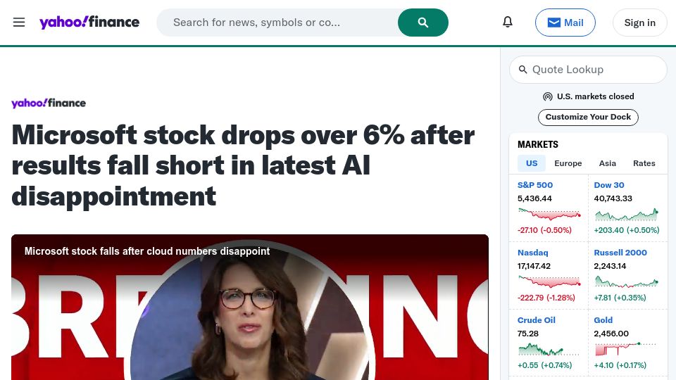 Screenshot of finance.yahoo.com: Microsoft stock drops over 6% after results fall short in AI disappointment