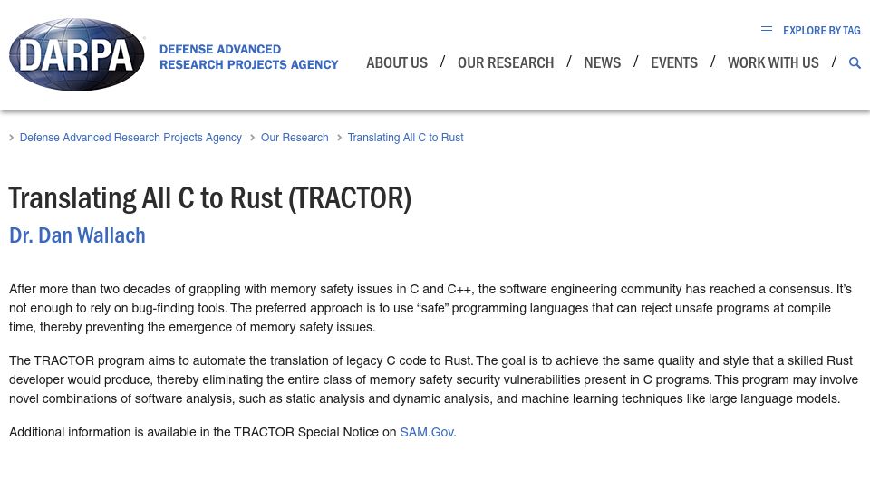 Screenshot of darpa.mil: Translating All C to Rust (TRACTOR)