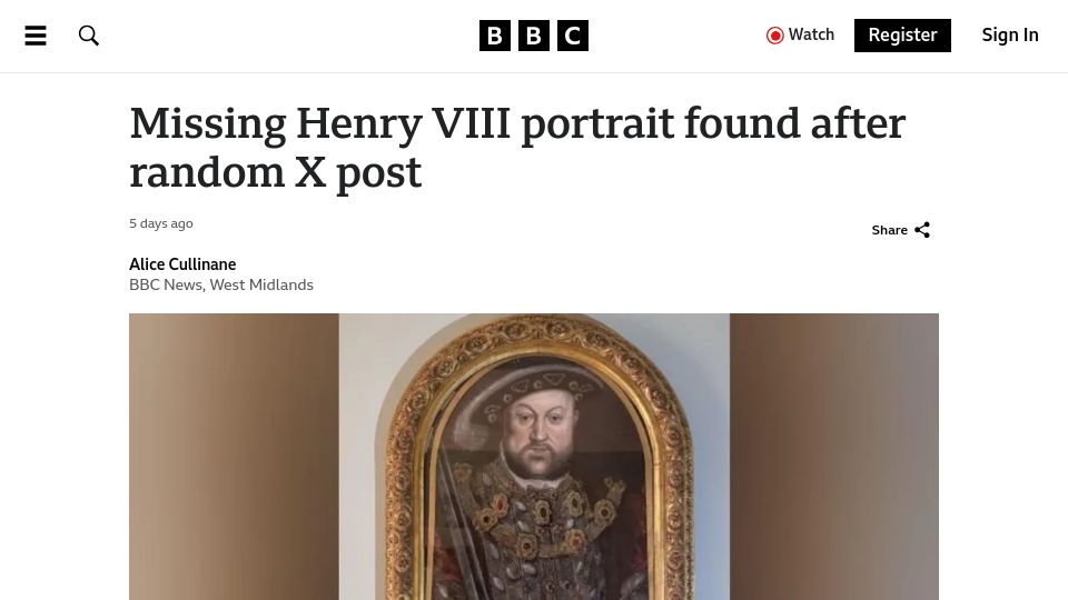 Screenshot of bbc.com: Missing Henry VIII portrait found after random X post