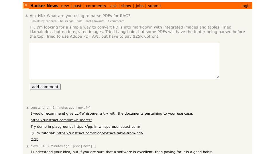 Screenshot of Hacker News post: Ask HN: What are you using to parse PDFs for RAG?
