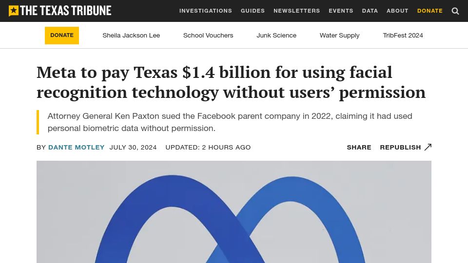 Screenshot of texastribune.org: Meta to pay Texas $1.4B for using facial recognition without users' permission