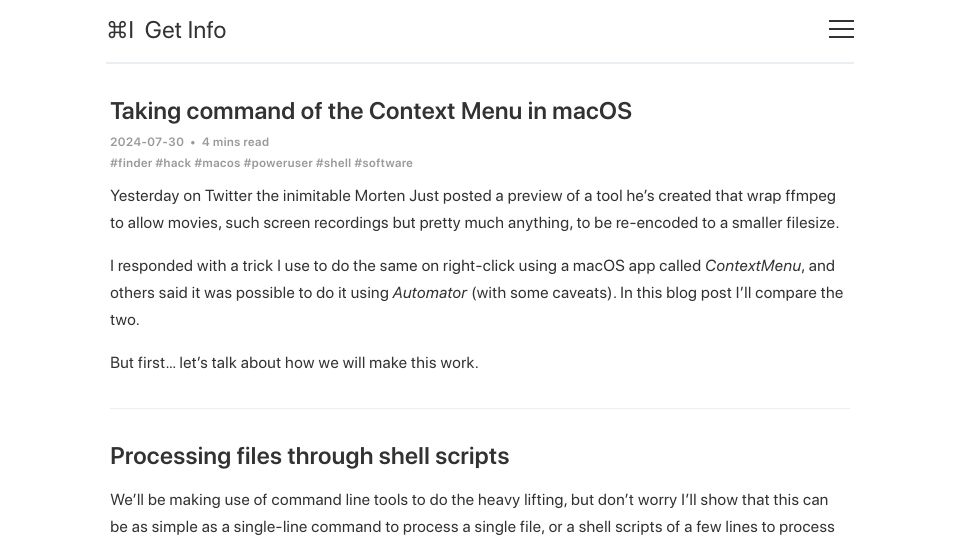 Screenshot of blog.gingerbeardman.com: Taking command of the Context Menu in macOS