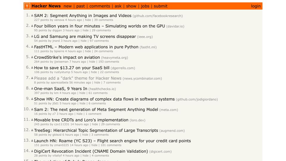 Screenshot of news.ycombinator.com: Please add a "dark" theme for Hacker News