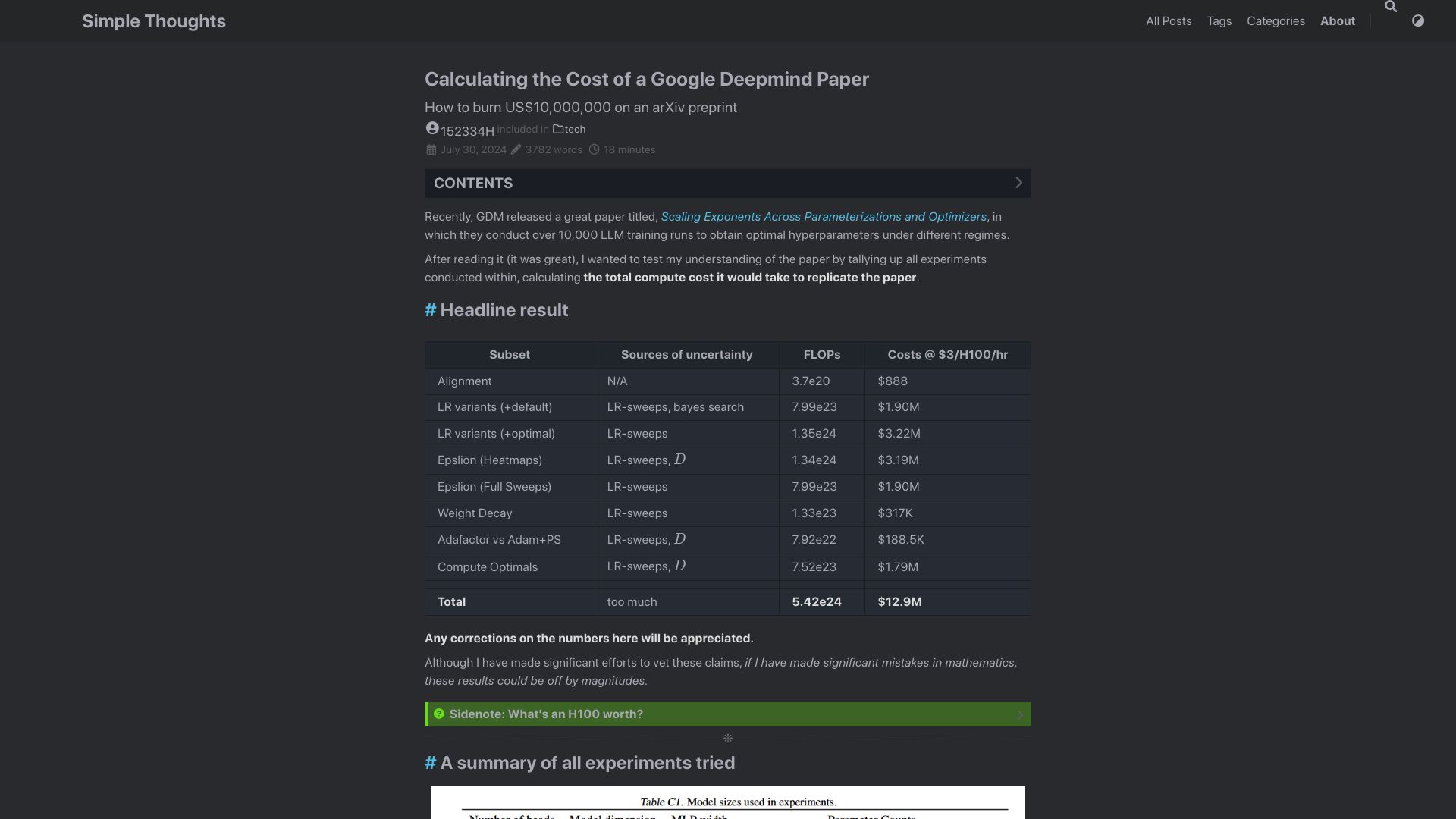 Screenshot of 152334h.github.io: Calculating the cost of a Google DeepMind paper