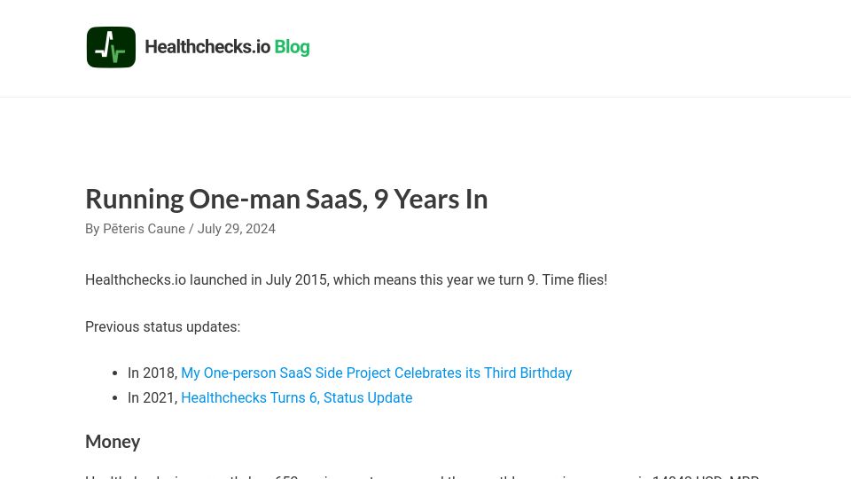 Screenshot of blog.healthchecks.io: One-man SaaS, 9 Years In