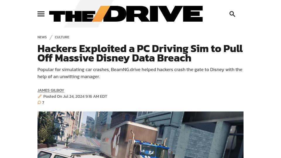 Screenshot of thedrive.com: Hackers Exploited a PC Driving SIM to Pull Off Disney Data Breach