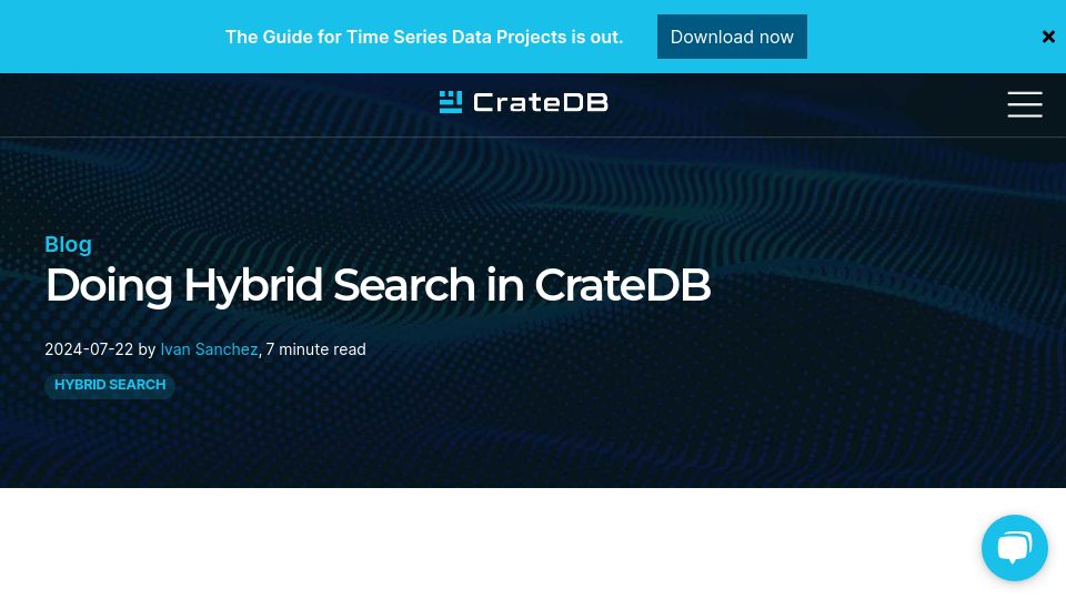 Screenshot of cratedb.com: Hybrid Search in CrateDB - ranking and scoring calculations in pure SQL