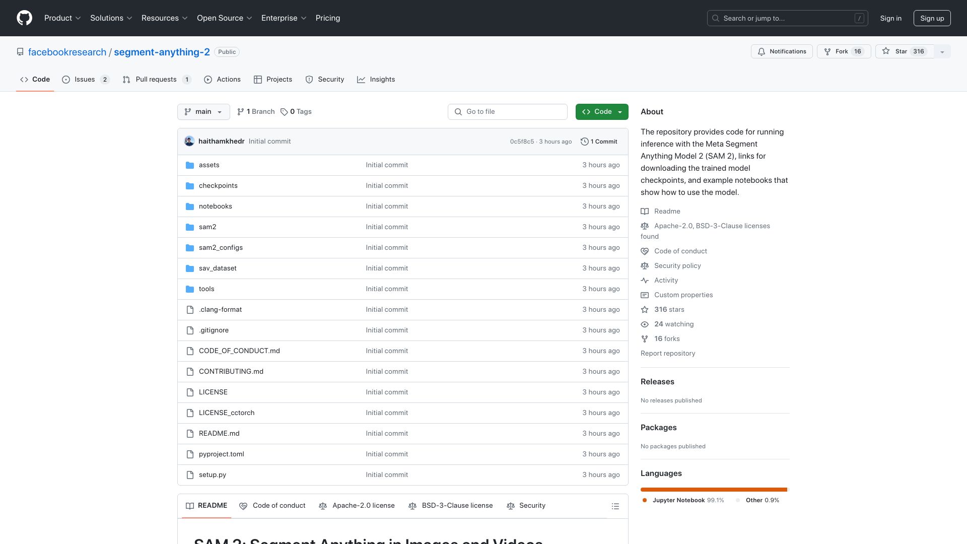Screenshot of github.com: SAM 2: Segment Anything in Images and Videos