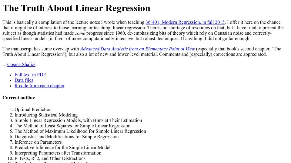 Screenshot of stat.cmu.edu: The Truth About Linear Regression (2015)