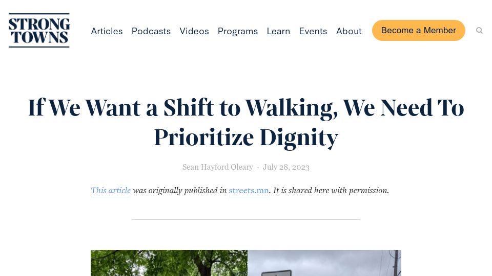 Screenshot of strongtowns.org: If we want a shift to walking, we need to prioritize dignity