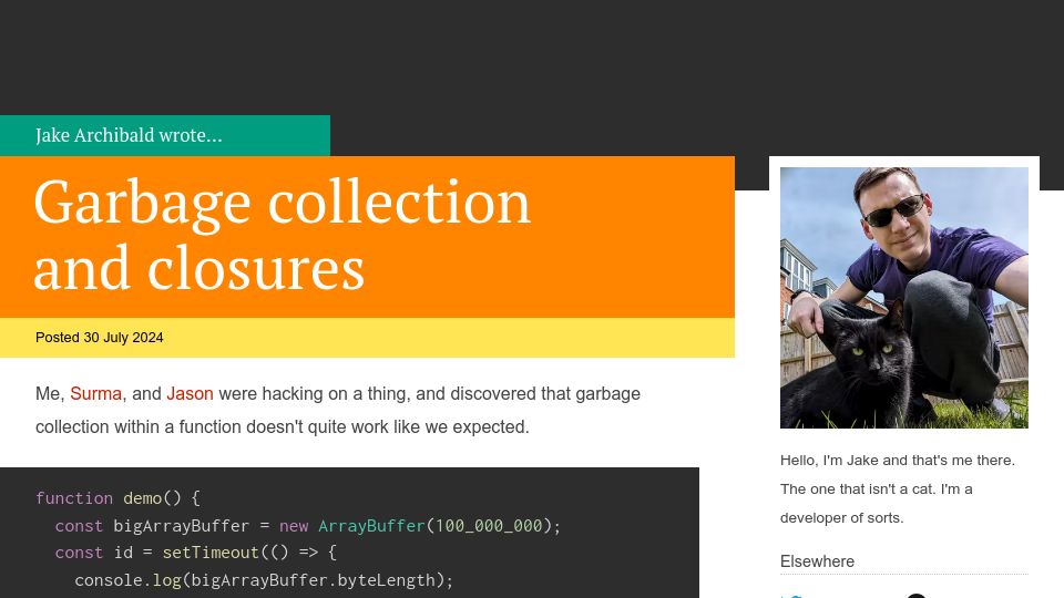 Screenshot of jakearchibald.com: JavaScript garbage collection and closures