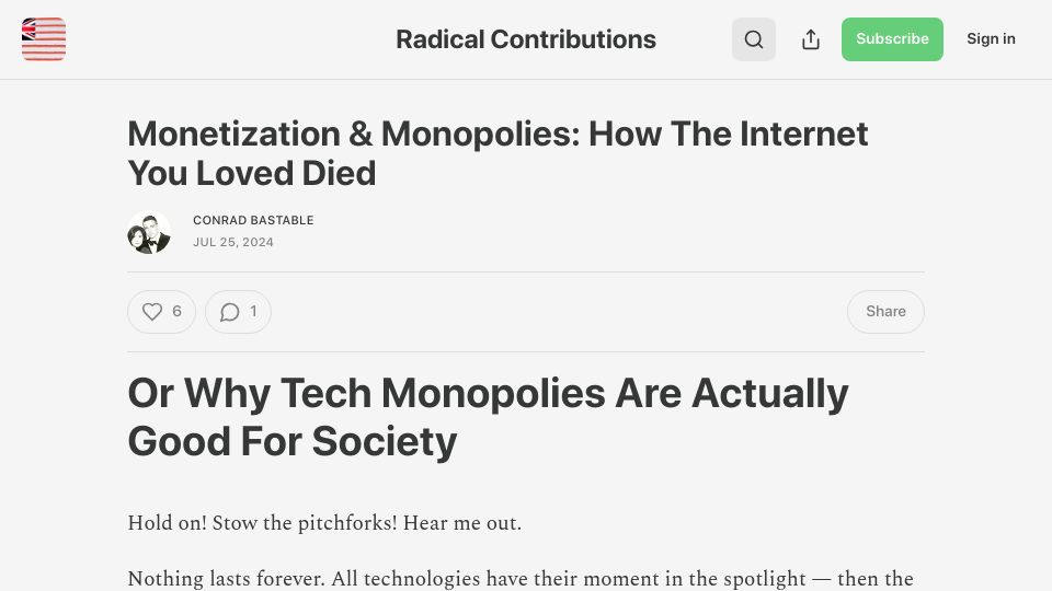 Screenshot of radicalcontributions.substack.com: Monetization and Monopolies: How the Internet You Loved Died