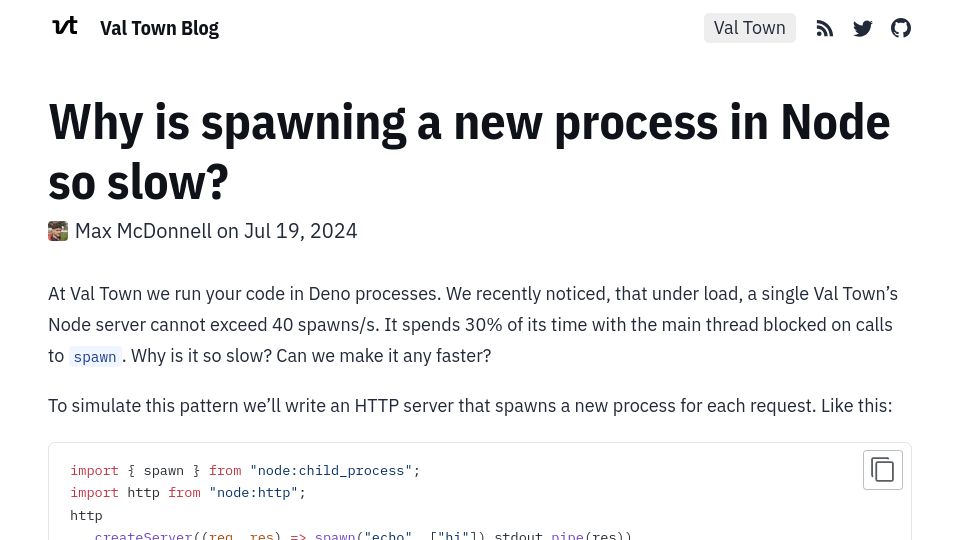 Screenshot of blog.val.town: Why is spawning a new process in Node so slow?