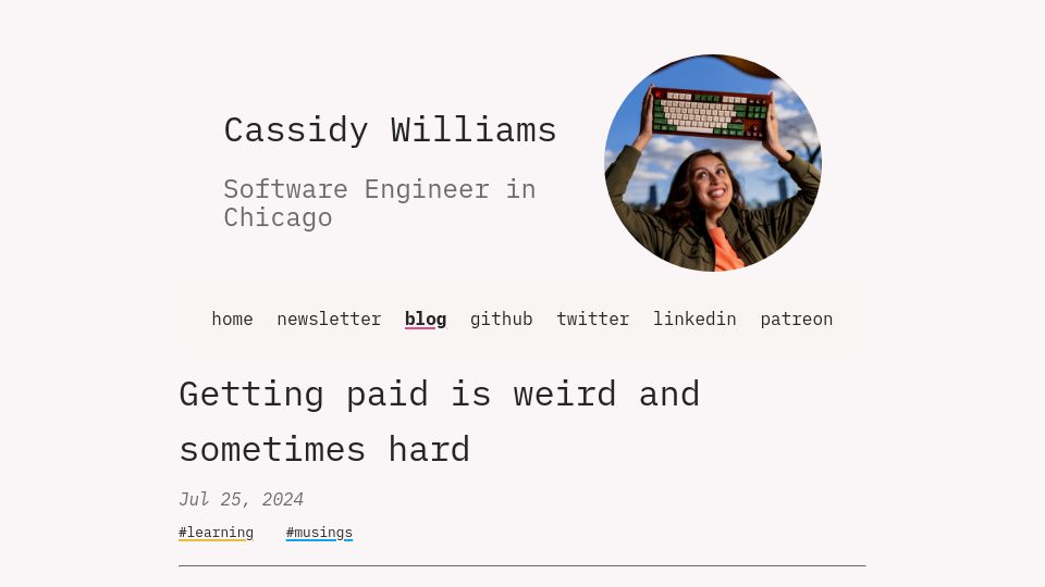 Screenshot of cassidoo.co: Getting paid is weird and sometimes hard